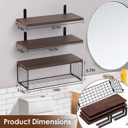 Rustic 2-in-1 Floating Shelves & Storage Basket - Durable Paulownia Wood, 66Lbs Capacity, Corrosion-Resistant Wall Decor
