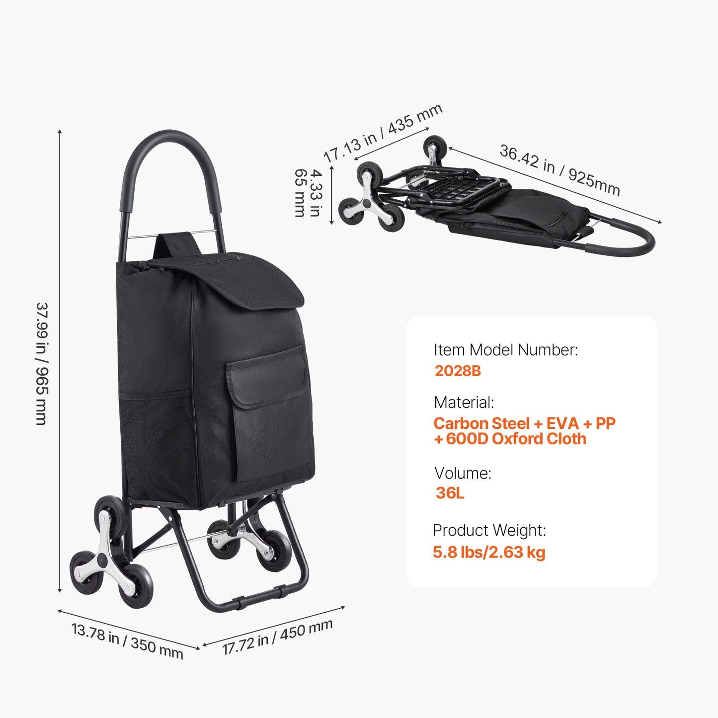 Stair Climber Trolley Dolly, 36L Folding Shopping Cart, Grocery Cart Trolley Laundry Stair Climbing Handcart with 6 Wheels & Oxford Cloth Bag, Foldable Cart for Shopping Grocery Laundry, Black