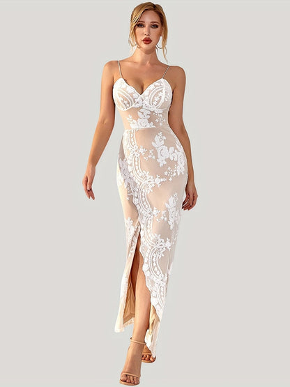 Floral Sequined Dress, Sexy Spaghetti Strap Sleeveless Party Dress, Women's Clothing