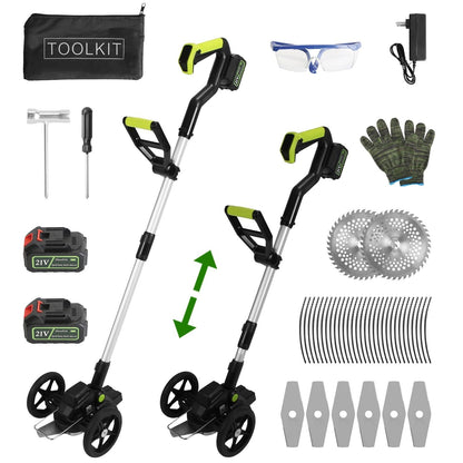 21V Electric Weed Edger Cordless String Trimmer Grass Mower Eater Bush Cutter with 16800RPM 2x 3000mAh Batteries 3.6-4.6FT Length 90° Rotatable Angle Saw Blade Steel Blade String Blade