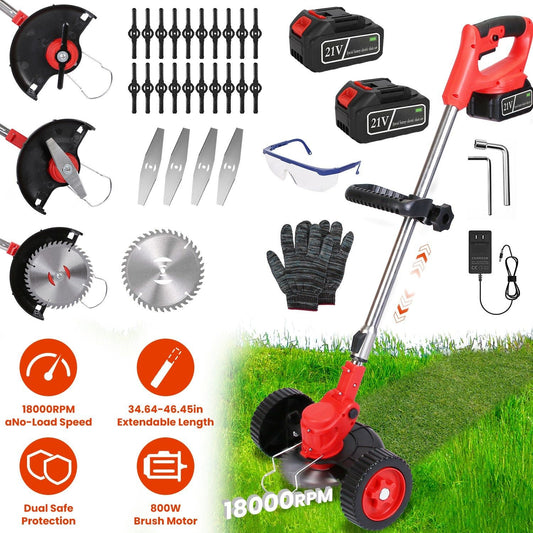 800W Powerful Cordless Lawn Wacker with Detachable Wheels - 2 Rechargeable Batteries , 3 Types of Blades (Plastic/Alloy/Stainless Steel), Adjustable Head & Extendable Handle for Garden Maintenance