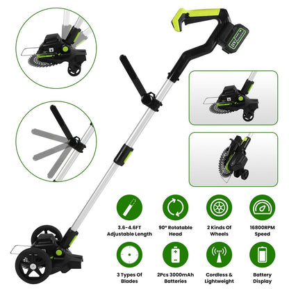 21V Electric Weed Edger Cordless String Trimmer Grass Mower Eater Bush Cutter with 16800RPM 2x 3000mAh Batteries 3.6-4.6FT Length 90° Rotatable Angle Saw Blade Steel Blade String Blade