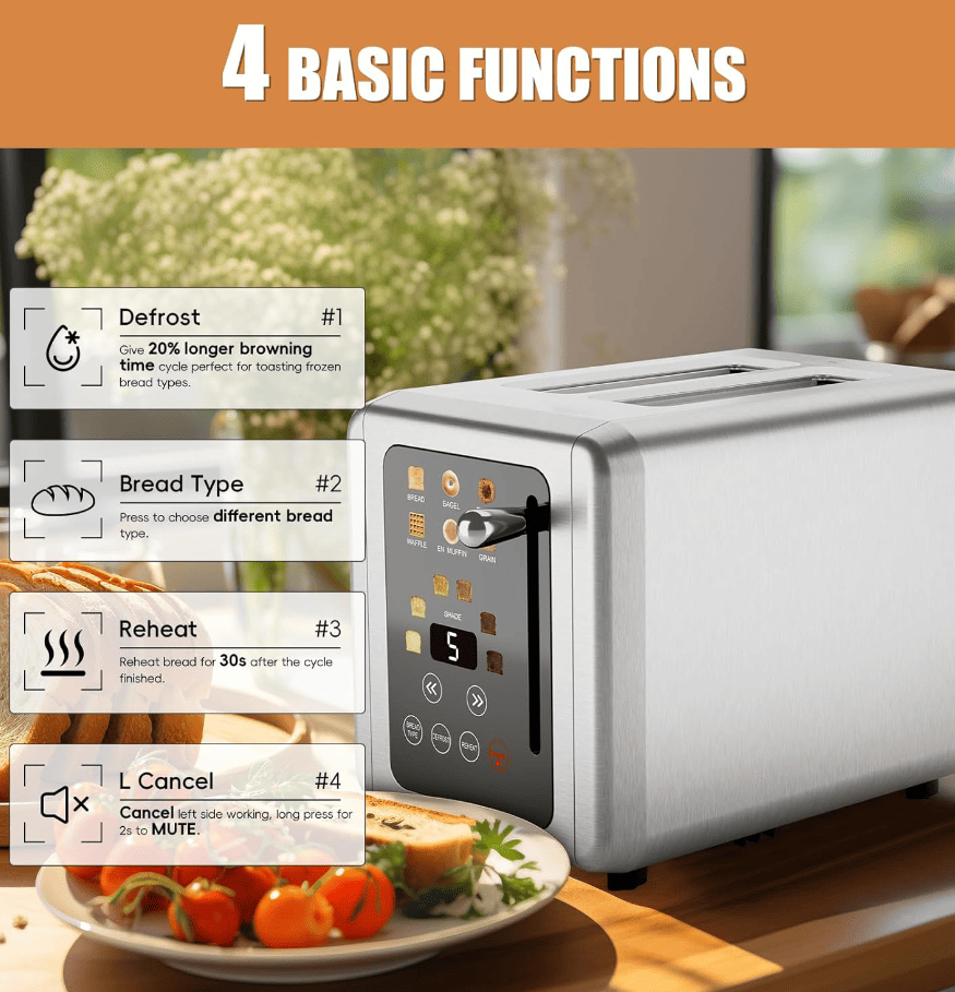 Retro Stainless Steel Toaster with 6 Browning Levels & 3 Functions - Perfect for Defrosting, Reheating, & Cancelling