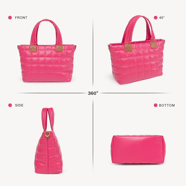 Puffer Tote Bag for Women with Zipper, Quilted Puffy bag Lightweight Crossbody Hobo Padded Handbag with Strap-Rose