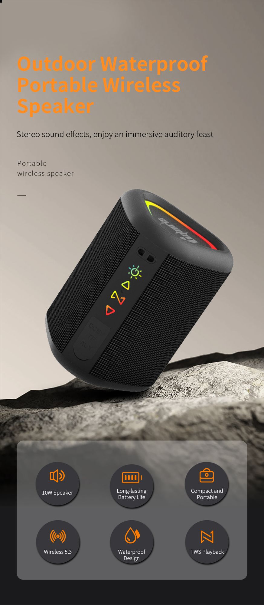 Cyboris S1 High Quality Portable Mini Waterproof Bluetooth Speaker, Wireless V5.4 Outdoor TWS Stereo Sporting Speakers 15W Loud Stereo Soundbox