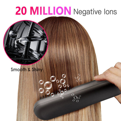 Cordless Negative Ion Hair Straightener Brush Rechargeable Mini Styling Comb with 12 Heating Levels Anti-scald 30S Preheating 30Mins Auto Sleep LCD Display