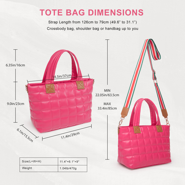 Puffer Tote Bag for Women with Zipper, Quilted Puffy bag Lightweight Crossbody Hobo Padded Handbag with Strap-Rose