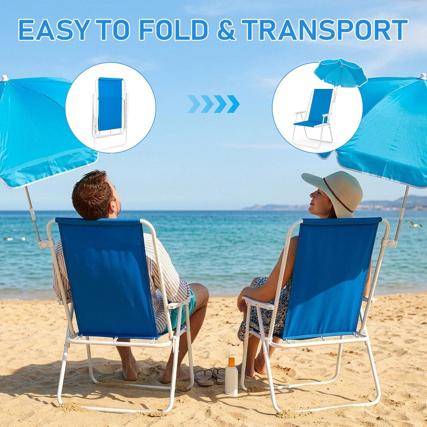 1 Pack Heavy Duty Steel Beach Chair with Umbrella, XL Size 15" Seat Height Royal Blue, Oxford Cloth with Support Bar, Single Position Adjustable, 120kg Load