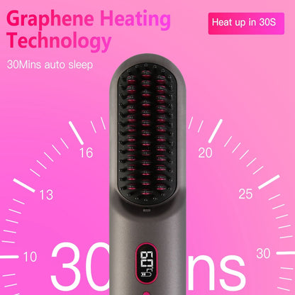 Cordless Negative Ion Hair Straightener Brush Rechargeable Mini Styling Comb with 12 Heating Levels Anti-scald 30S Preheating 30Mins Auto Sleep LCD Display