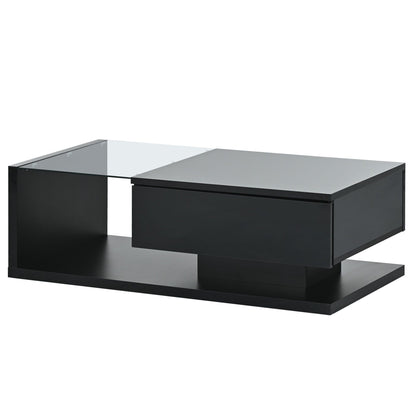 [VIDEO provided] ON-TREND Modern Coffee Table with Tempered Glass, Wooden Cocktail Table with High-gloss UV Surface, Modernist 2-Tier Rectangle Center Table for Living Room, Black