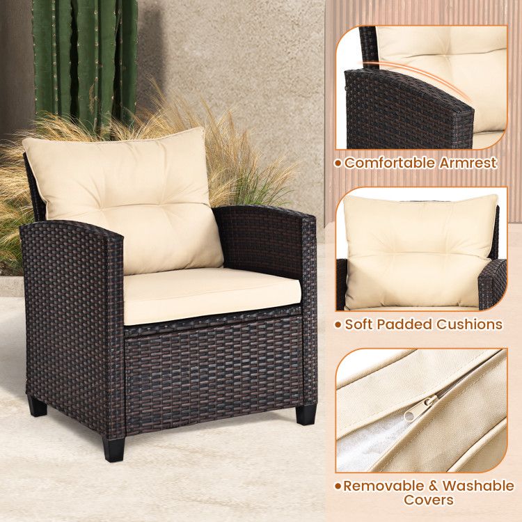 3 Pieces Patio Rattan Furniture Set with 4 Removable Cushions