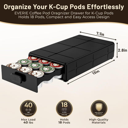 Coffee Pod Organizer Drawer for Keurig K-Cup Pods, Holds 18 Pods - Compact, Easy-Access Design with Smooth Glide, Ideal for Small Spaces and Coffee Machines