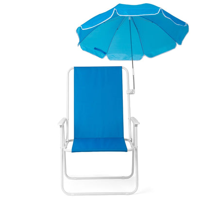 1 Pack Heavy Duty Steel Beach Chair with Umbrella, XL Size 15" Seat Height Royal Blue, Oxford Cloth with Support Bar, Single Position Adjustable, 120kg Load