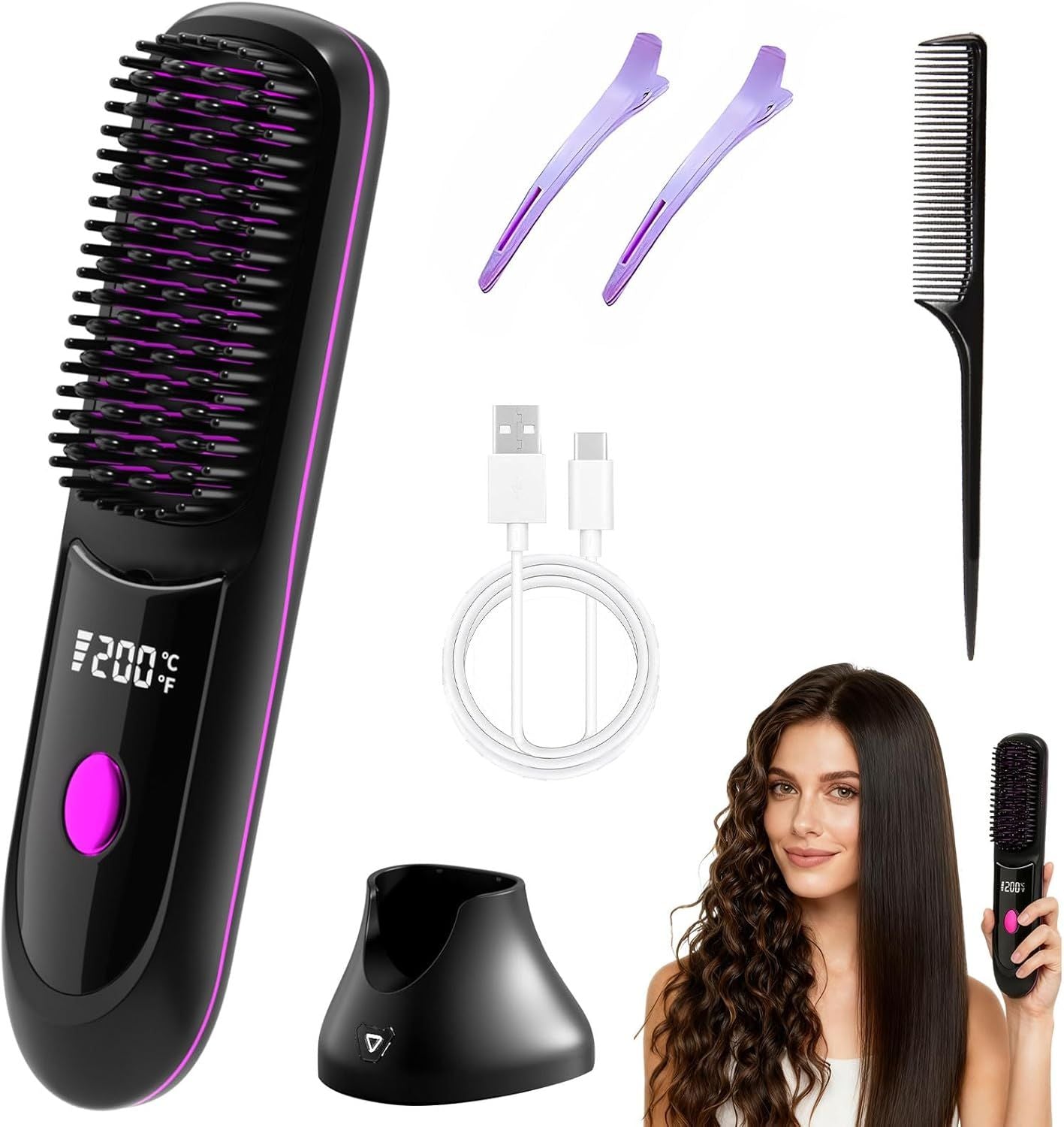 Hair Straightener, Cordless Hair Straightening Brush Portable Cordless Comb with Base Negative Ion Rechargeable Brush for Frizz-Free Shine Straightening, 6400mAh Fast Heating (Black)