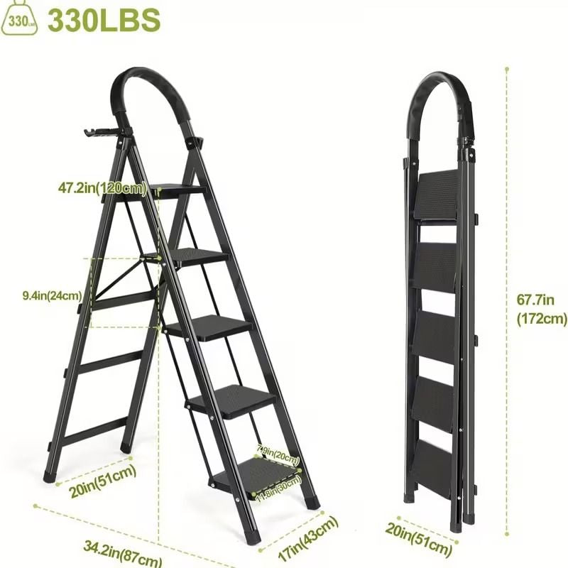 5 Step Ladder with Anti-Slip Pedals, Foldable Steel Step Stool with Tool Tray, 300LBS Capacity Portable Ladder for Home, Kitchen, Library, Office