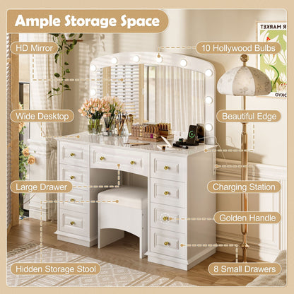 Luxurious Makeup Vanity with 10 Hollywood Bulbs, 3 Color Lighting Modes, Classic Dressing Table with Cushioned Stool and 9 Storage Drawers for Bedroom