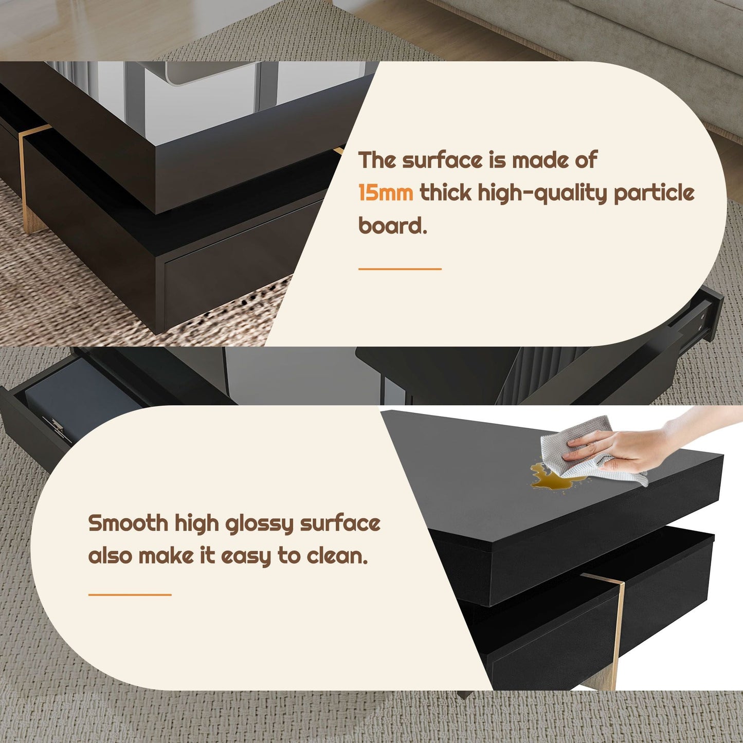 Sleek Black High Gloss Modern Coffee Table with 4 Drawers for Organized Living Rooms, Square Design with Wood Grain Legs, Ideal Cocktail Table 31.5''x31.5''