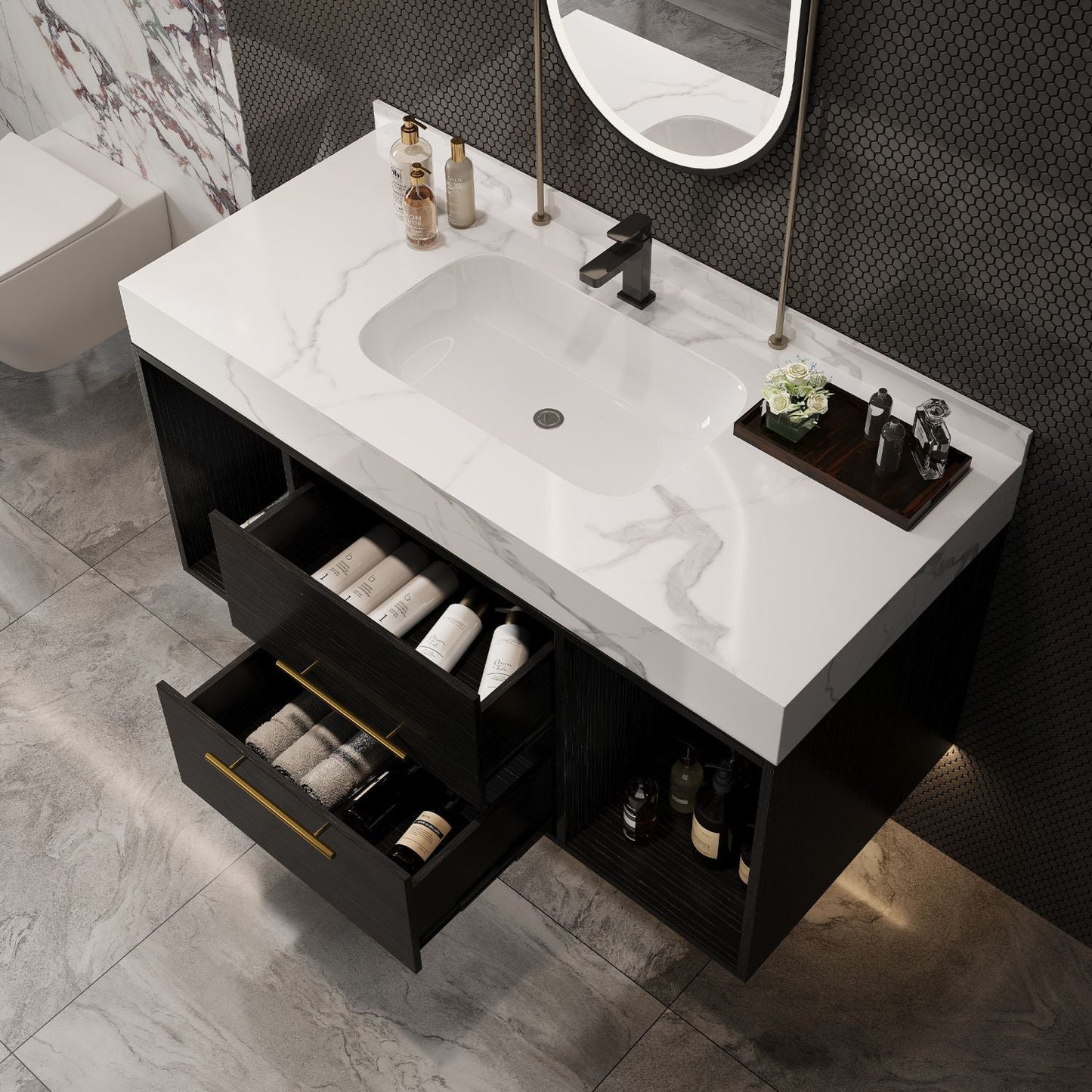 39.4" Bathroom Vanities with Ceramic Sink,Floating Bathroom Vanity,Wall Mounted Storage Cabinet with 2 Drawers and 2 Storage Spaces,Modern Bathroom Sink Cabinet with Metal Handles