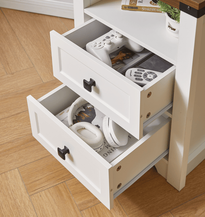 Farmhouse Side Table with Charging Station, Antique Nightstands with Drawers, Bedside Table with Open Shelf for Bedroom