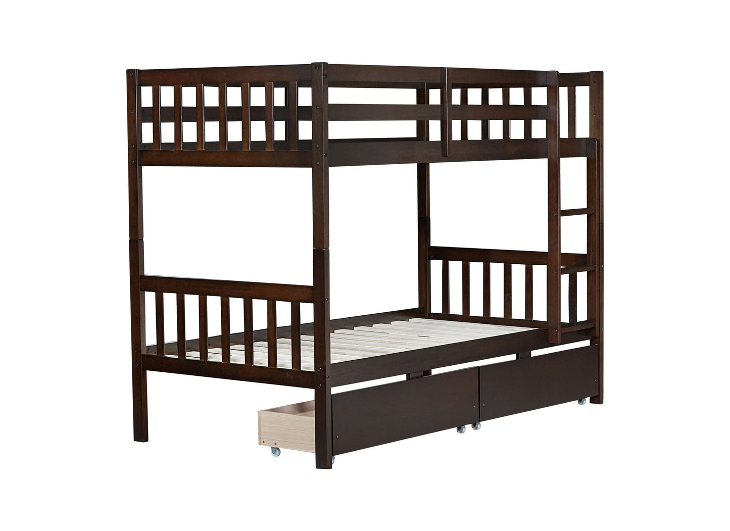 Twin Over Twin Rubber Wood Bunk Bed with 2 Drawers, Convertible into 2 Twin Beds, Twin Size Bunk Bed with Ladder and Safety Guardrails