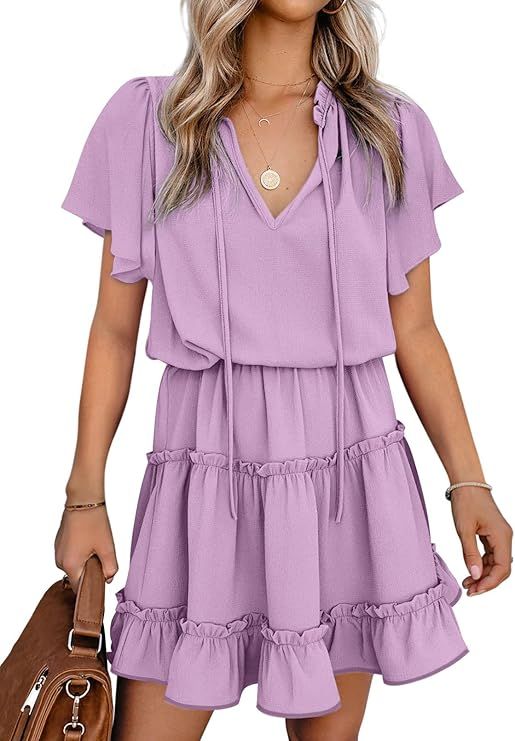 Womens Purple XL Short Sleeve Ruffle V Neck Chiffon Dress Flowy A Line Mini Summer Casual Elegant Lightweight