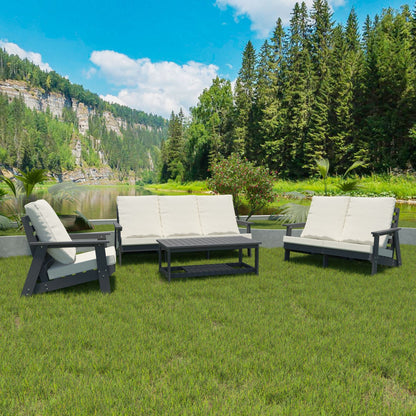 HIPS Loveseat with Cushion, Wood Grain Outdoor Garden Sofa, Sofa Set for Porch, Poolside, Terrace, and Yard Grey/Beige