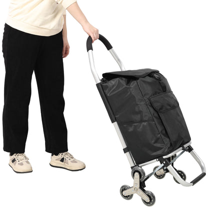 2 in 1 Shopping Stair Trolley with Wheels,Trolley Black Foldable Shopping Cart,Removable Shopping Oxford Waterproof Bag,Stainless Steel Triangular Wheels, Black