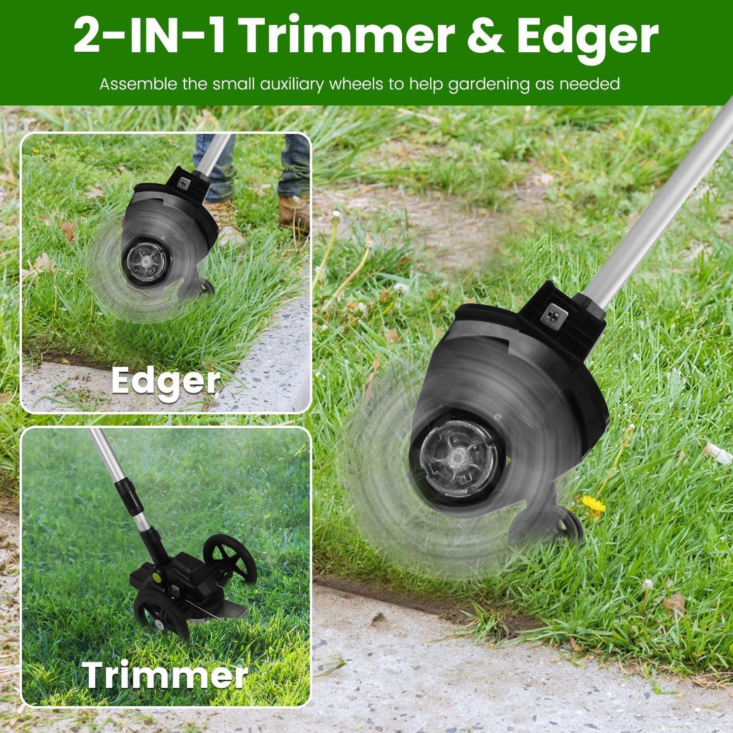 21V Electric Weed Edger Cordless String Trimmer Grass Mower Eater Bush Cutter with 16800RPM 2x 3000mAh Batteries 3.6-4.6FT Length 90° Rotatable Angle Saw Blade Steel Blade String Blade