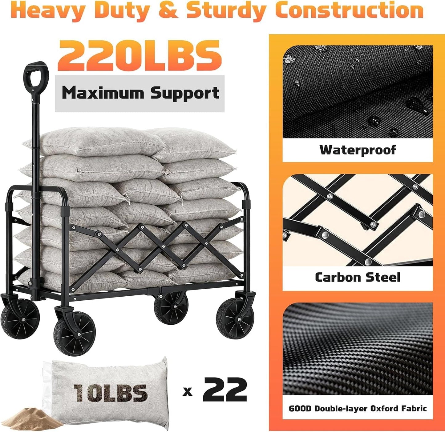 Collapsible Foldable Wagon Cart with Wheels - 220LBS Heavy Duty Folding Wagon Carts, Portable Lightweight Utility Wagon with All-Terrain Wheels & 2 Cup Holders, Grocery/Beach/Sports/Shopping/Black