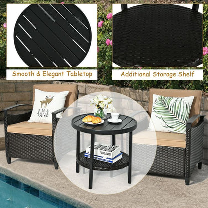 3 Pieces Patio Rattan Furniture Set Cushioned Sofa Storage Table with Shelf Garden