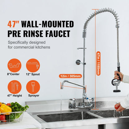 Wall-Mounted Kitchen Faucet, 47" Tall, 8" Apart, with 12" Rotating Spout and Pre-Rinse Spray, Brass Build, Pull-Down Feature for Multi-Compartment Sinks