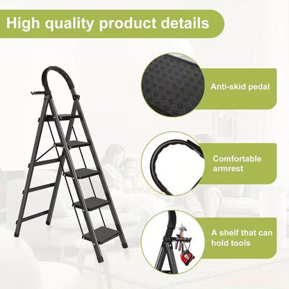 5 Step Ladder with Anti-Slip Pedals, Foldable Steel Step Stool with Tool Tray, 300LBS Capacity Portable Ladder for Home, Kitchen, Library, Office