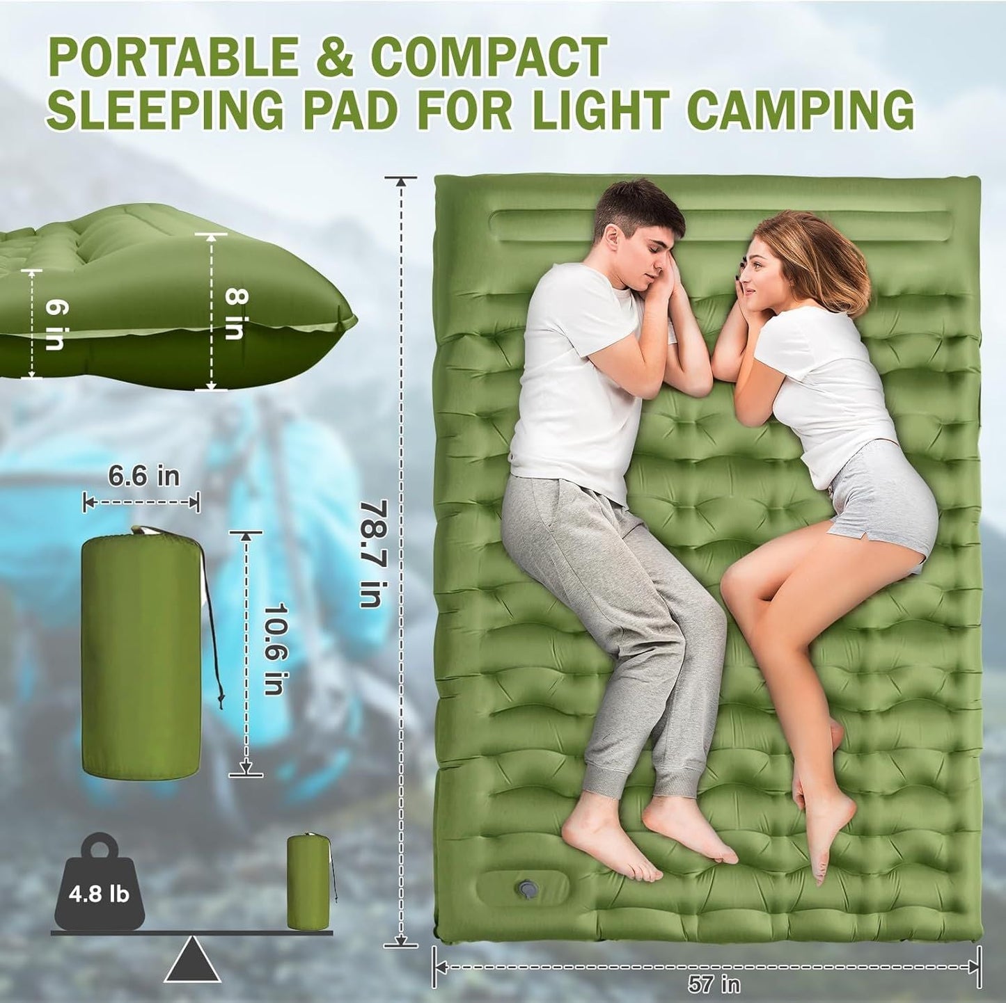 Camping Sleeping Pad, Ultralight Camping Mat with Pillow Built-in Foot Pump, 4" Thick Inflatable Sleeping Mat Compact for Backpacking, Hiking, Car Traveling, Camp Tent