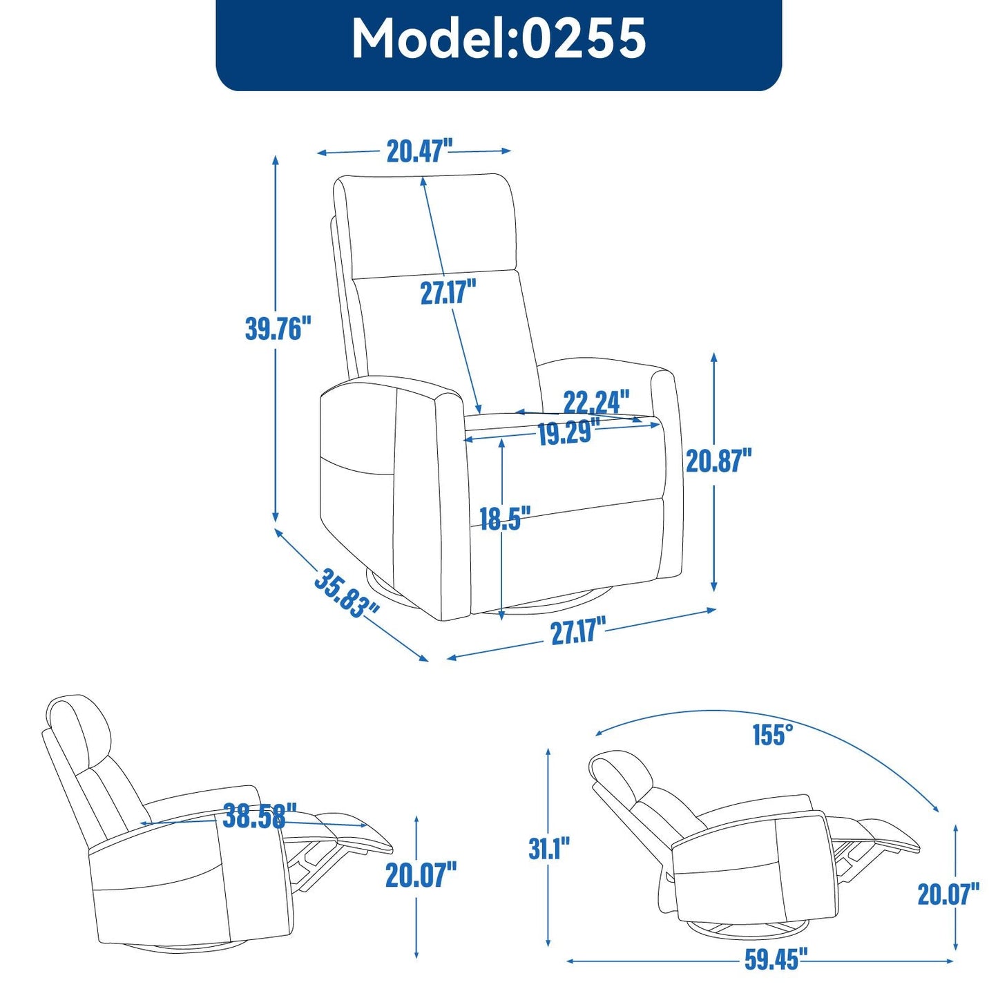Heat Massage Manual Recliner Chair with Rocker and Swivel in Fabric for Living Room, Beige