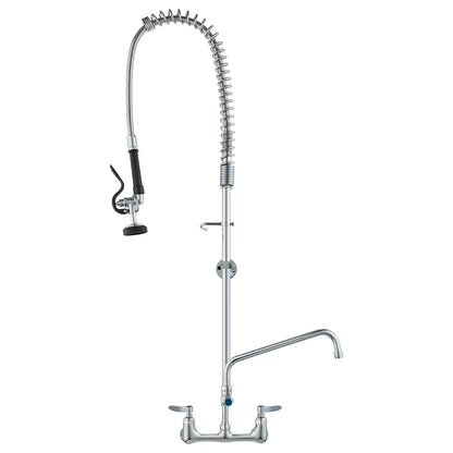 Wall-Mounted Kitchen Faucet, 47" Tall, 8" Apart, with 12" Rotating Spout and Pre-Rinse Spray, Brass Build, Pull-Down Feature for Multi-Compartment Sinks