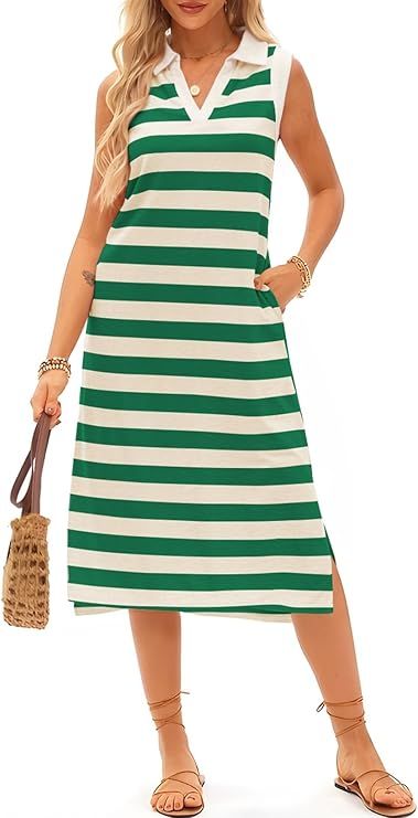 Green Summer Dress for Women V Neck Sleeveless Midi Striped Sundress with Pockets Casual Beach Large
