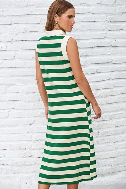 Green Summer Dress for Women V Neck Sleeveless Midi Striped Sundress with Pockets Casual Beach Large