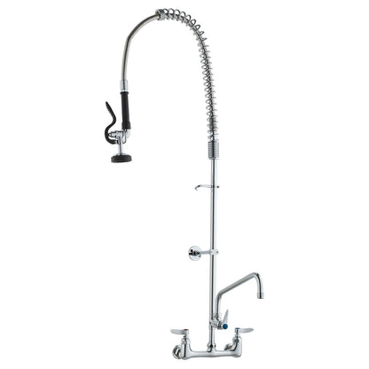 Wall-Mounted Kitchen Faucet, 47" Tall, 8" Apart, with 12" Rotating Spout and Pre-Rinse Spray, Brass Build, Pull-Down Feature for Multi-Compartment Sinks