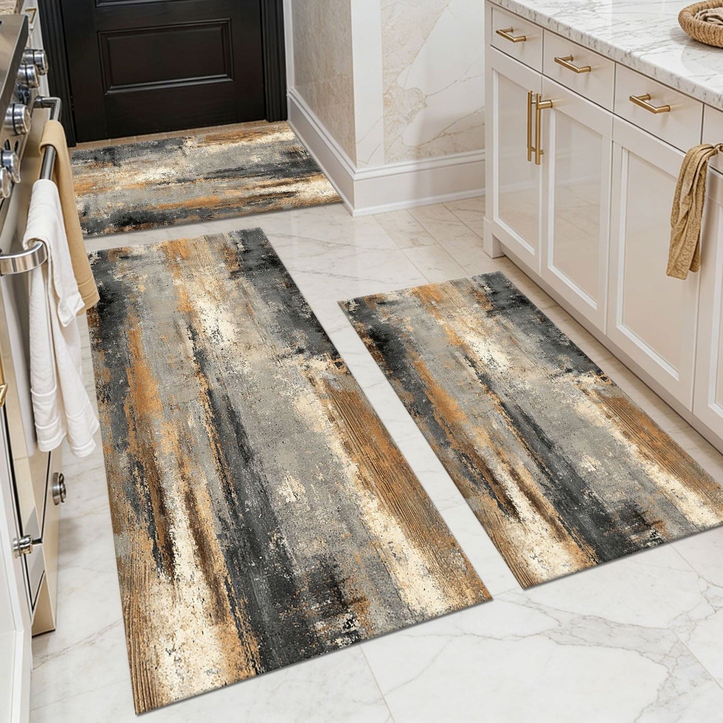 Three-piece kitchen rug set, non-slip and washable, abstract pattern kitchen hallway rug, soft and comfortable, suitable for sinks, floors, entrances, hallways and bathrooms.