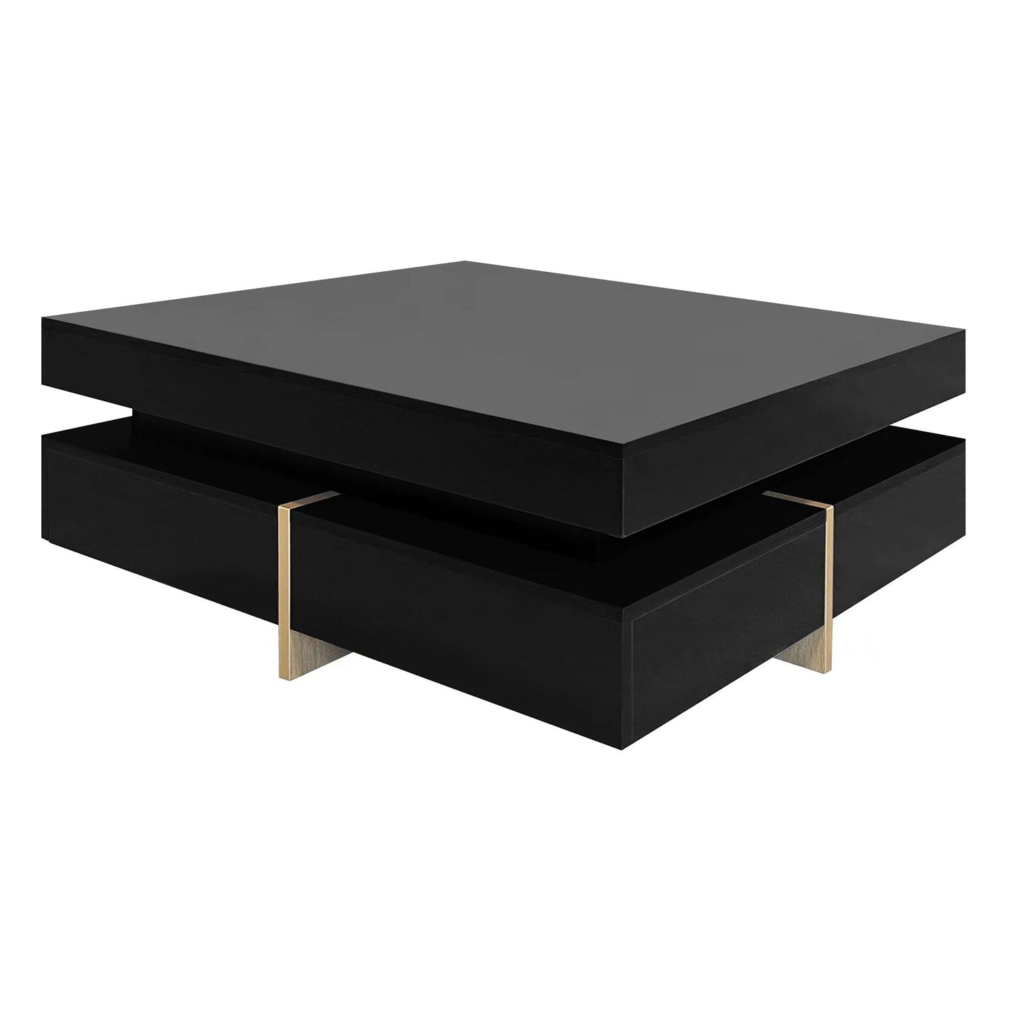 Sleek Black High Gloss Modern Coffee Table with 4 Drawers for Organized Living Rooms, Square Design with Wood Grain Legs, Ideal Cocktail Table 31.5''x31.5''