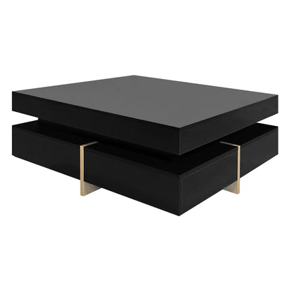Sleek Black High Gloss Modern Coffee Table with 4 Drawers for Organized Living Rooms, Square Design with Wood Grain Legs, Ideal Cocktail Table 31.5''x31.5''