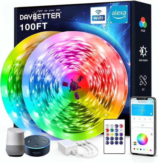 100 ft Smart WiFi Led Lights, Led Strip Lights Work with Alexa and Google Assistant, App Voice Remote Control Music Sync Color Changing RGB Strip Lighting for Bedroom Room Decor, 50 ft *2