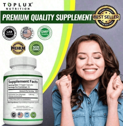 Moringa Capsules 1200mg - Pure Moringa Powder For Immune, Gut Health 90 Capsules