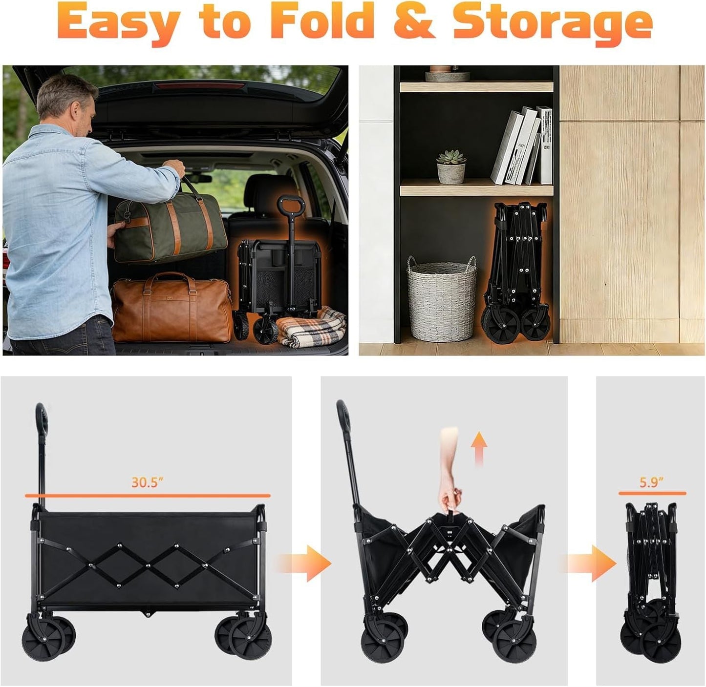 Collapsible Foldable Wagon Cart with Wheels - 220LBS Heavy Duty Folding Wagon Carts, Portable Lightweight Utility Wagon with All-Terrain Wheels & 2 Cup Holders, Grocery/Beach/Sports/Shopping/Black