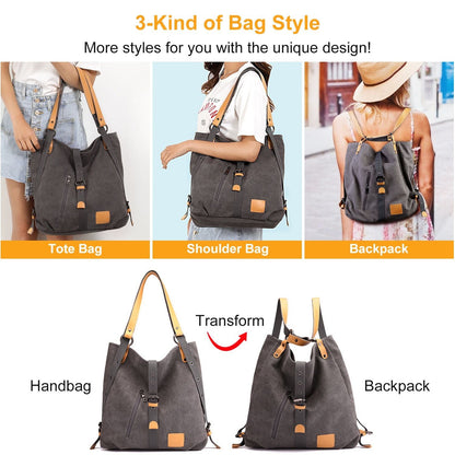 Ladies Canvas Tote Bag Multifunctional Purse Handbag Adjustable Shoulder Rucksack Convertible Backpack Wear-Resistant Dirt-Proof For Women School Office Travel