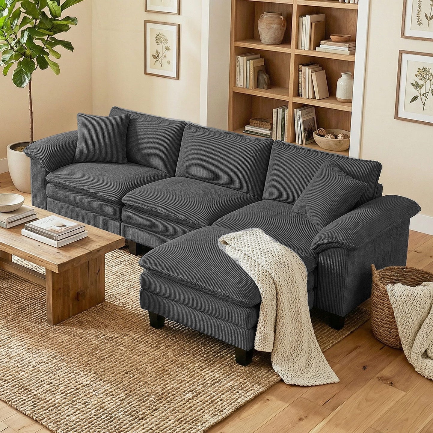 Sectional Sofa, L Shaped Couch with Deep Seat, Movable Ottoman and Pillow-top Armrests, Dark Gray
