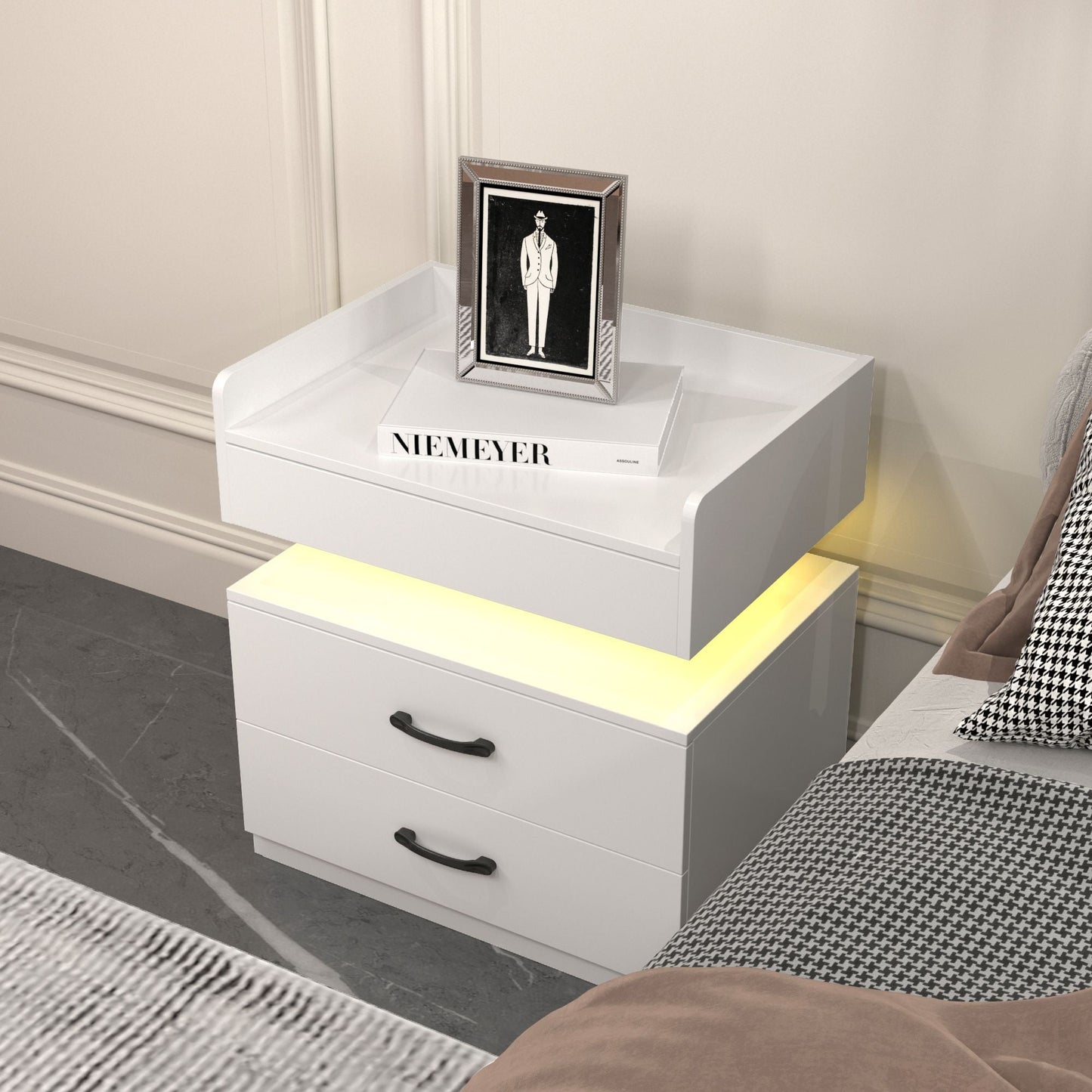 2 Set Nightstand with Adjustable LED Strip Light, 2-drawers, Large Storage Space, Suitable for Bedside Table, Coffee Table, Sofa Side Table or End Table for Study Desk