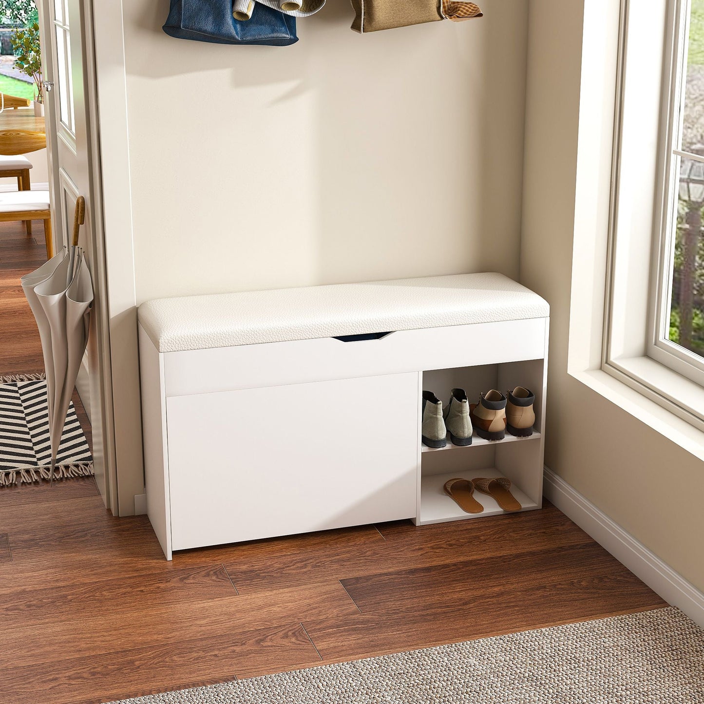 Entryway Bench with Shoe Storage,Adjustable 3-Tier Flip-Up Drawers & Hidden Cabinet,Space-Saving Shoe Organizer,Triple Storage and Modern Design,for Hallway and Living Room