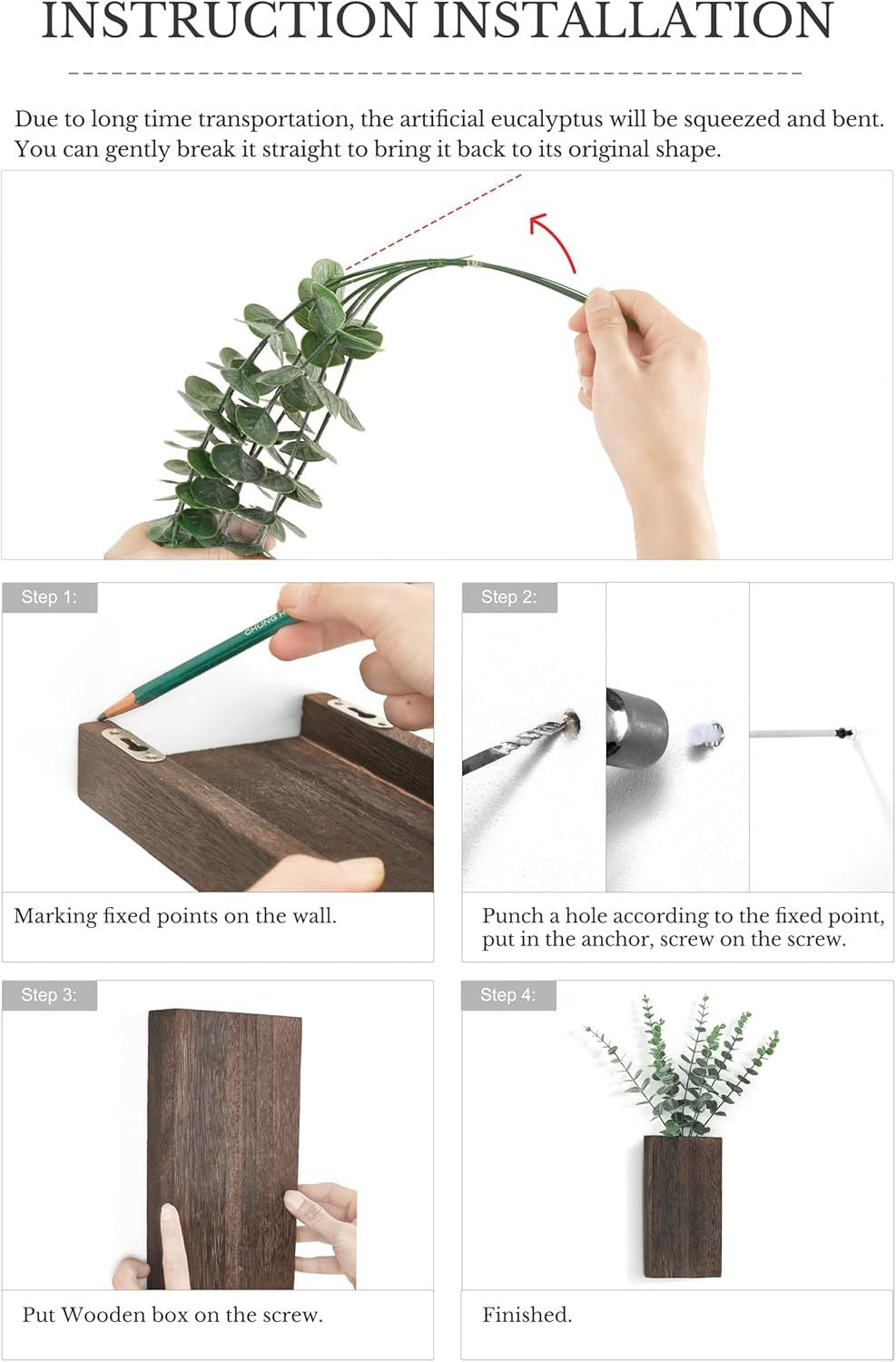 2 Pack Wood Wall Planter Vase with Artificial Eucalyptus Farmhouse Wall Hanging Decor Pocket Planter for Indoor Fake Plants Greenery, Living Room Bedroom Kitchen Home Office Decoration
