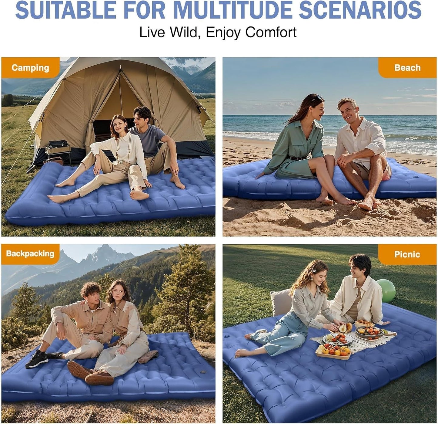 Camping Sleeping Pad, Ultralight Camping Mat with Pillow Built-in Foot Pump, 4" Thick Inflatable Sleeping Mat Compact for Backpacking, Hiking, Car Traveling, Camp Tent